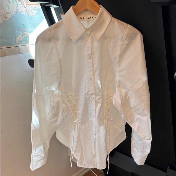 Mr. Larkin Lace Up White Button-Up Shirt - Picture 4 of 17